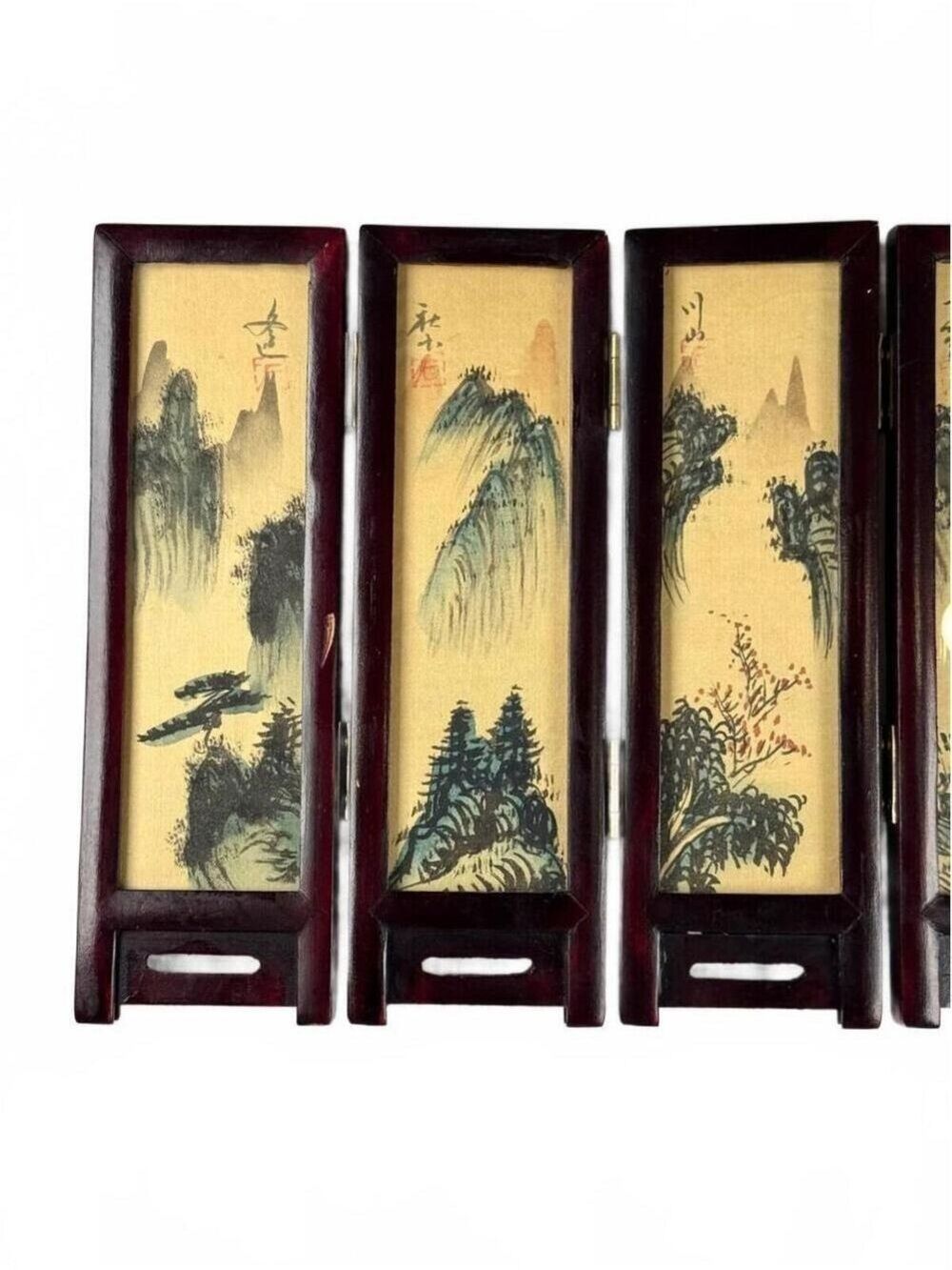Vintage Mini Folding Screen Two-Sided China Silk Painting Birds Flowers Mountain - Picture 7 of 14